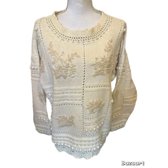 Rebecca & Company Ivory Long Sleeve Sweater Eyelet And Embroidered Design Size L - Picture 1 of 7
